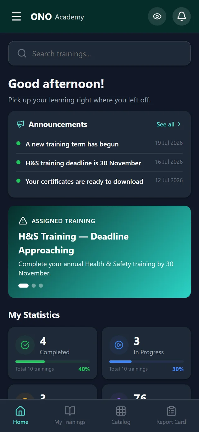 OnoAkademi mobile dashboard — assigned courses and progress, dark theme