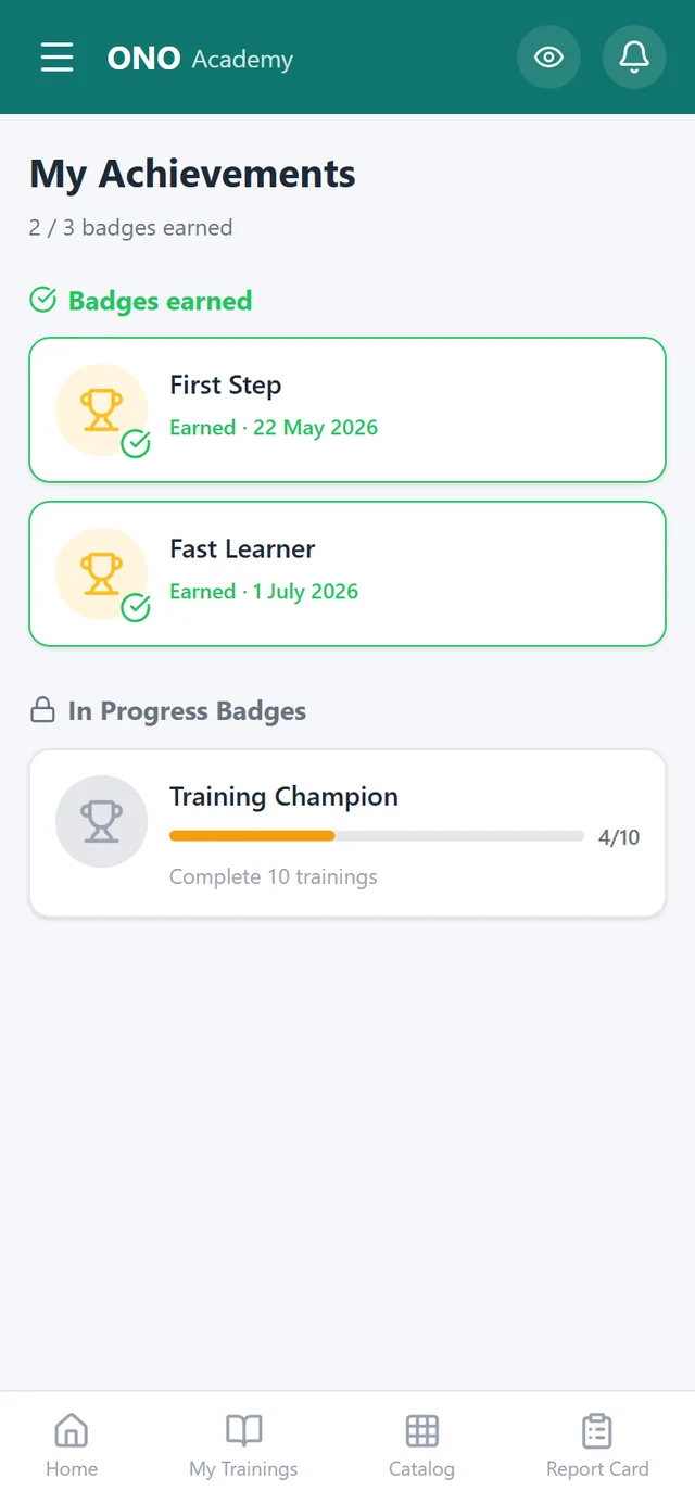 OnoAkademi achievements — earned badges and training progress