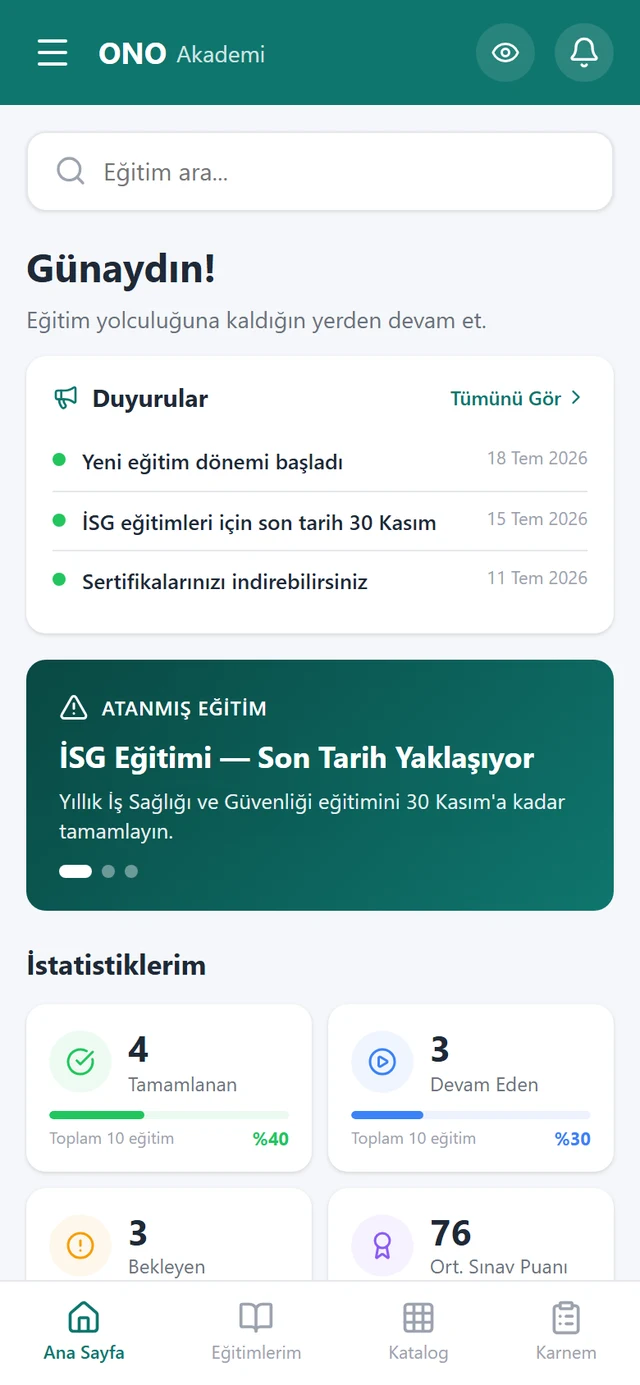 OnoAkademi mobil panel — atanan eğitimler ve ilerleme