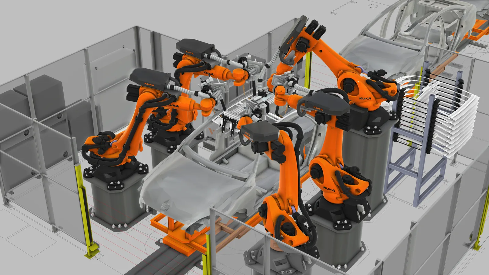 Otomotiv gövde hattı simülasyonu — KUKA kaynak robotları araç gövdesi üzerinde çalışıyor